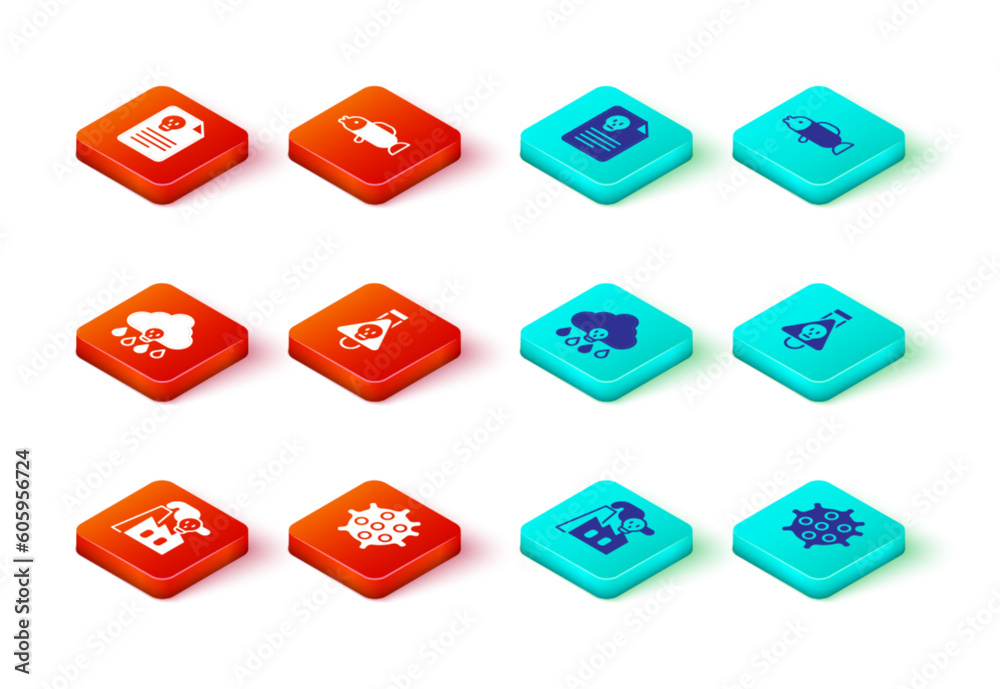Set Smoke from factory, Bacteria, Acid rain, Bottle with potion, Puffer fish and Radiation warning document icon. Vector Set Smoke from factory, Bacteria, Acid rain, Bottle with potion, Puffer fish and Radiation warning document icon. Vector
