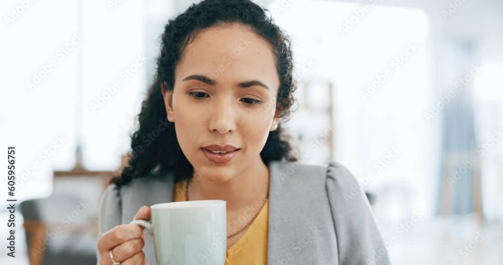 Relax, face and business woman with coffee in office while working online on email, proposal or plan. Corporate, tea and calm female employee on a break at company while enjoying a hot drink Relax, face and business woman with coffee in office while working online on email, proposal or plan. Corporate, tea and calm female employee on a break at company while enjoying a hot drink