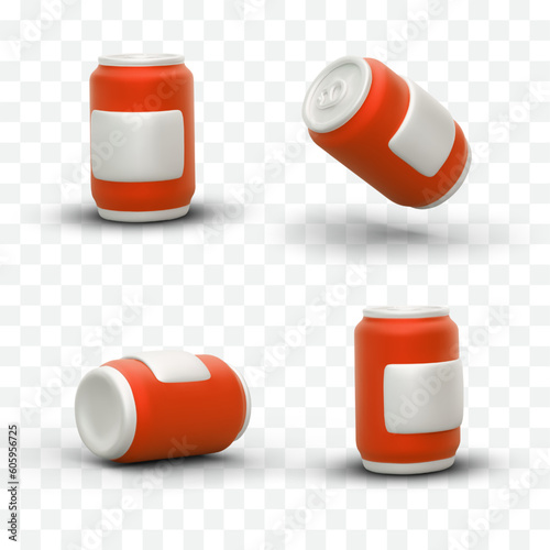 3D can for carbonated drinks. Red can for beer, soda. Set of illustration of red can from different angles. Bottom, lid, side view. Icons for web design