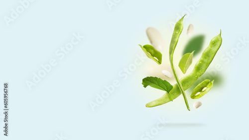 Flat pods of raw helda romano string beans and green leaves float in the air over blue background. Summer diet, Healthy nutrition concept. Flying food and organic vegetables. Copy space. Banner photo