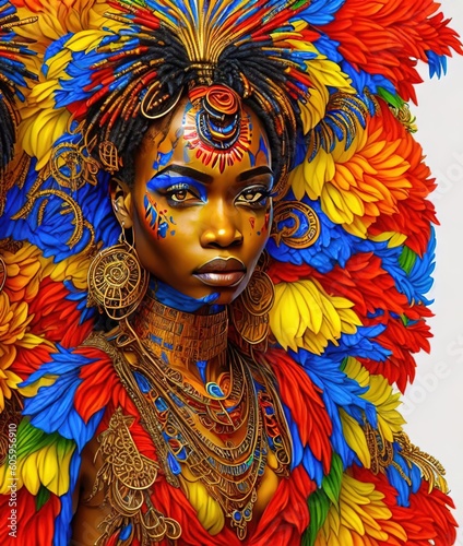 A majestic African goddess with tribal markings, adorned with vibrant orange, yellow, red, and blue flowers, standing against a stark white background.