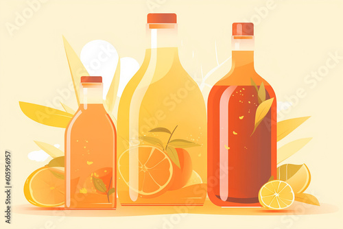 Generative AI. Kombucha. Tea mushroom (Hongo) in various glass containers is a natural home healthy drink for health. about biotic drink in a glass of lemon. Healthy lifestyle. Hand drawing vector ill photo
