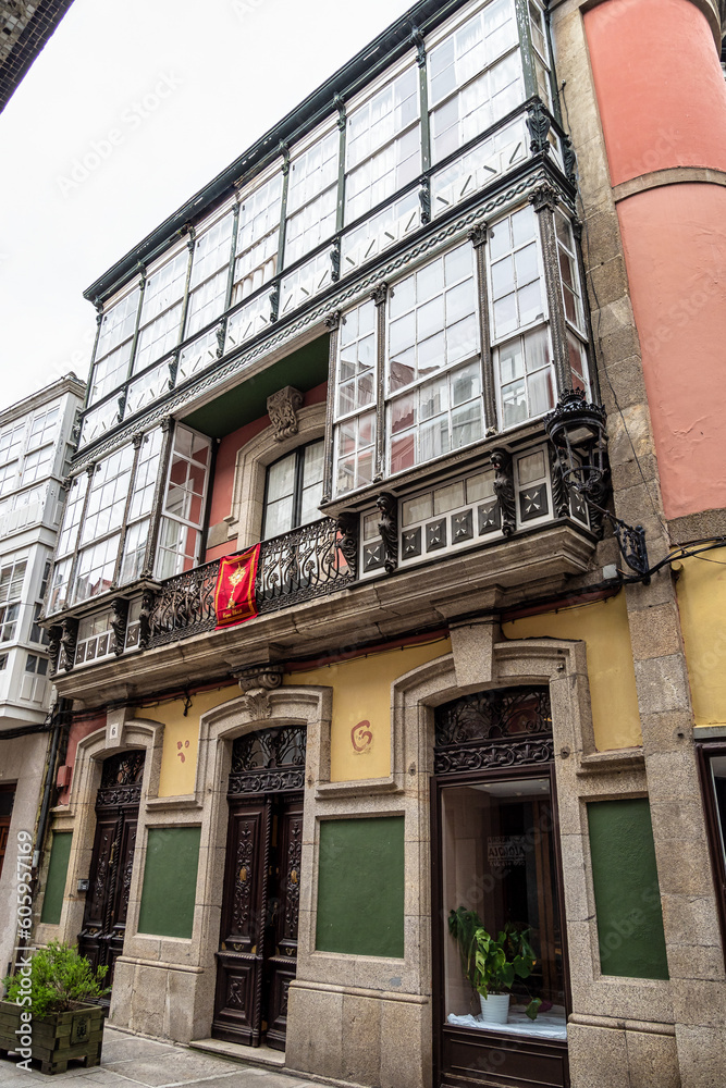 Street of the historical center of Betanzos with the typical facades, A Coruna, Galicia, Spain.
