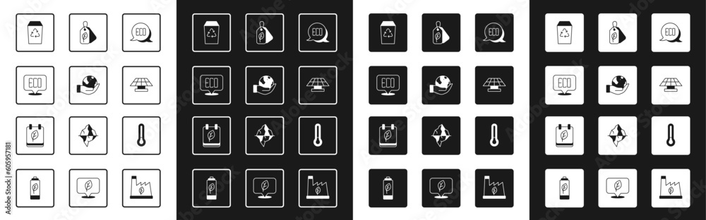 Set Leaf Eco symbol, Hand holding Earth globe, Recycle bin, Solar energy panel, Tag with leaf, Thermometer and Calendar autumn leaves icon. Vector Set Leaf Eco symbol, Hand holding Earth globe, Recycle bin, Solar energy panel, Tag with leaf, Thermometer and Calendar autumn leaves icon. Vector
