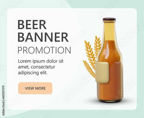 Beer banner promotion with realistic 3d bottle and natural barley. Concept of natural eco products. Advertising campaign for beverage company. Vector illustration