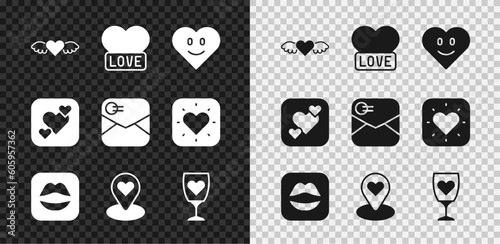Set Heart with wings, Smiling lips, Location heart, Glass of champagne, and Envelope Valentine icon. Vector
