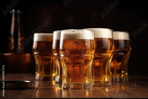 stack of glasses, filled to the brim with golden draught beer, created with generative ai