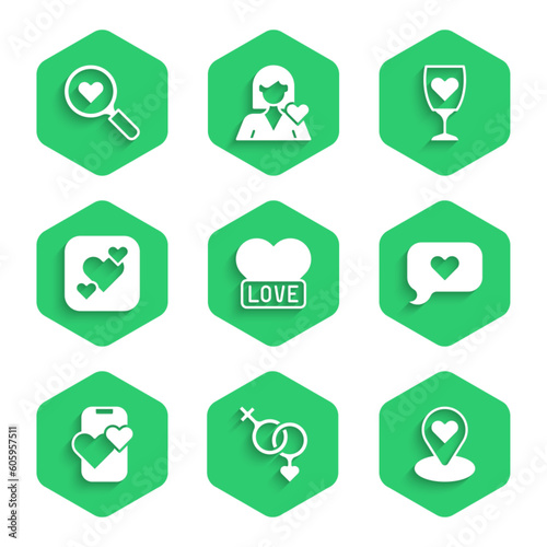Set Heart, Gender, Location with heart, in speech bubble, Dating app online mobile, Glass of champagne and Search and love icon. Vector