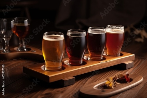 draught beer flight, with variety of beers in different glasses for tasting, created with generative ai