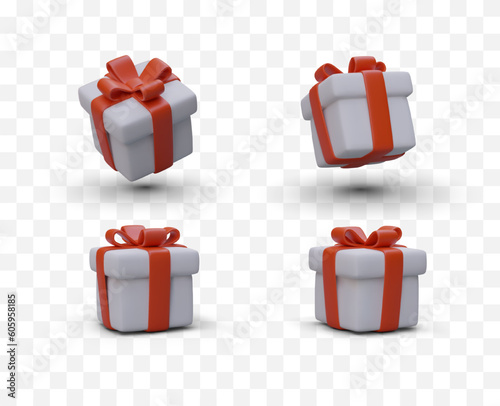 Set of 3D gift boxes with bows. Festive packaging of goods. Bonuses, surprises, additional free options. Elements for modern advertising, website design, mobile applications