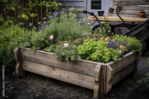 diy garden bed filled with fragrant herbs and flowers, created with generative ai