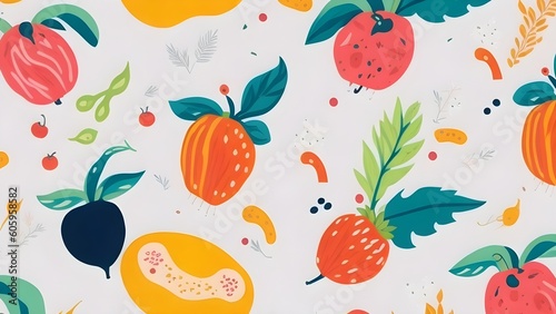 Hand drawn exotic abstract cute fruits and flowers pattern. Fashionable template for design.