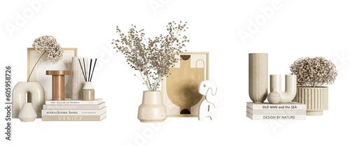 Dried flower in vase and book on white background
