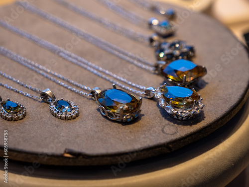 Precious Stone Necklace with Diamonds - On Sale in Shop front in UAE Dubai. Best place in the world to buy luxury jewellery in the souks and markets of the united Arab emirates