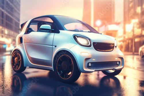 smart car, equipped with smart technologies, is driving through the futuristic city, created with generative ai