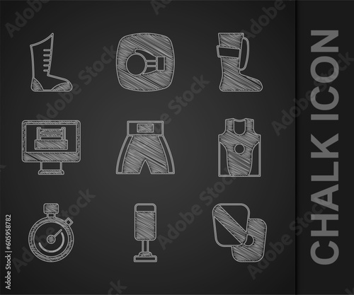 Set Boxing short, Punching bag, training paws, jersey and t-shirt, Stopwatch, ring, Sport boxing shoes and icon. Vector