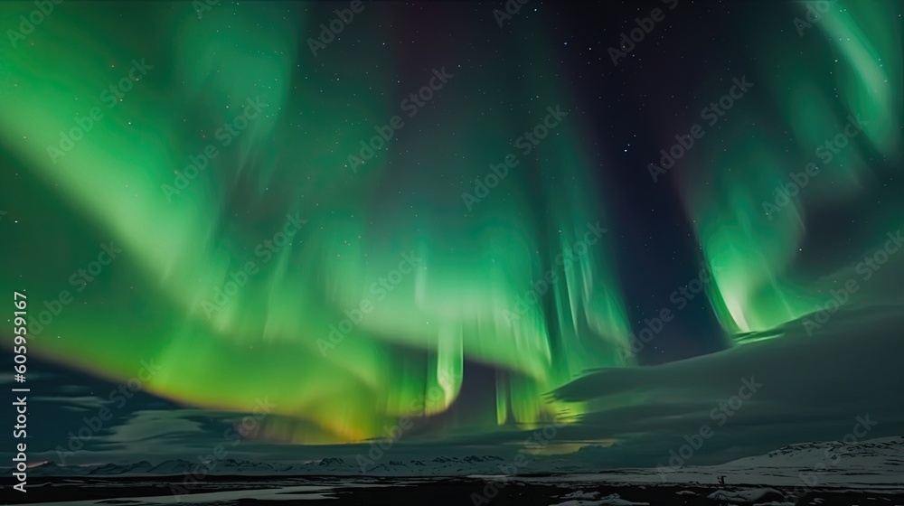 Witness the captivating dance of the Northern Lights in Iceland, as ribbons of vibrant colors streak across the dark Arctic sky. Generated by AI.
