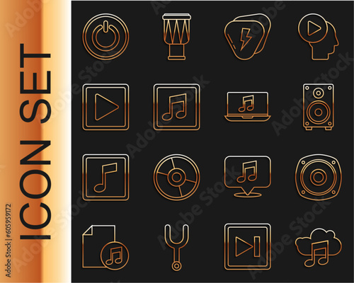 Set line Music streaming service, Stereo speaker, Guitar pick, note, tone, Play square, Power button and Laptop with music icon. Vector