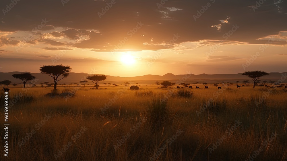 Obraz premium Witness the awe-inspiring beauty of a vibrant sunrise over the African savanna, as the golden rays of the morning sun illuminate the vast plains. Generated by AI.