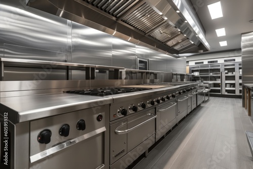 modern commercial kitchen with ovens  ranges  and mixers in stainless steel  created with generative ai