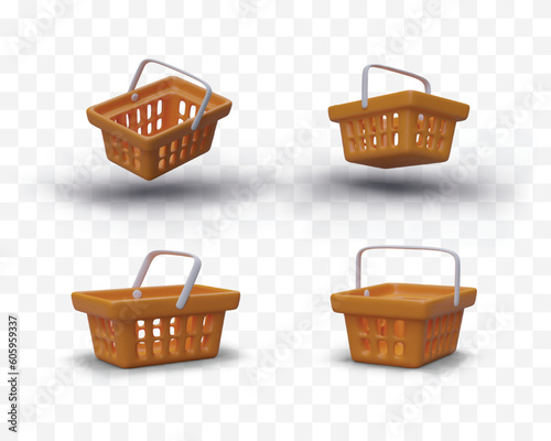 Set of realistic plastic shopping baskets. Collection 3D illustrations of baskets from different views. Empty plastic vented boxes with handles. Color three dimensional icons for online stores
