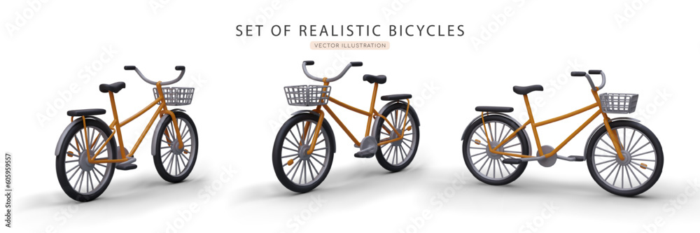 Set of 3d bicycles in different positions. Advertising poster of bicycles sale and rental company. Eco-friendly vehicles transport concept. Colorful vector illustration in orange and gray colors Set of 3d bicycles in different positions. Advertising poster of bicycles sale and rental company. Eco-friendly vehicles transport concept. Colorful vector illustration in orange and gray colors
