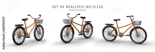 Set of 3d bicycles in different positions. Advertising poster of bicycles sale and rental company. Eco-friendly vehicles transport concept. Colorful vector illustration in orange and gray colors