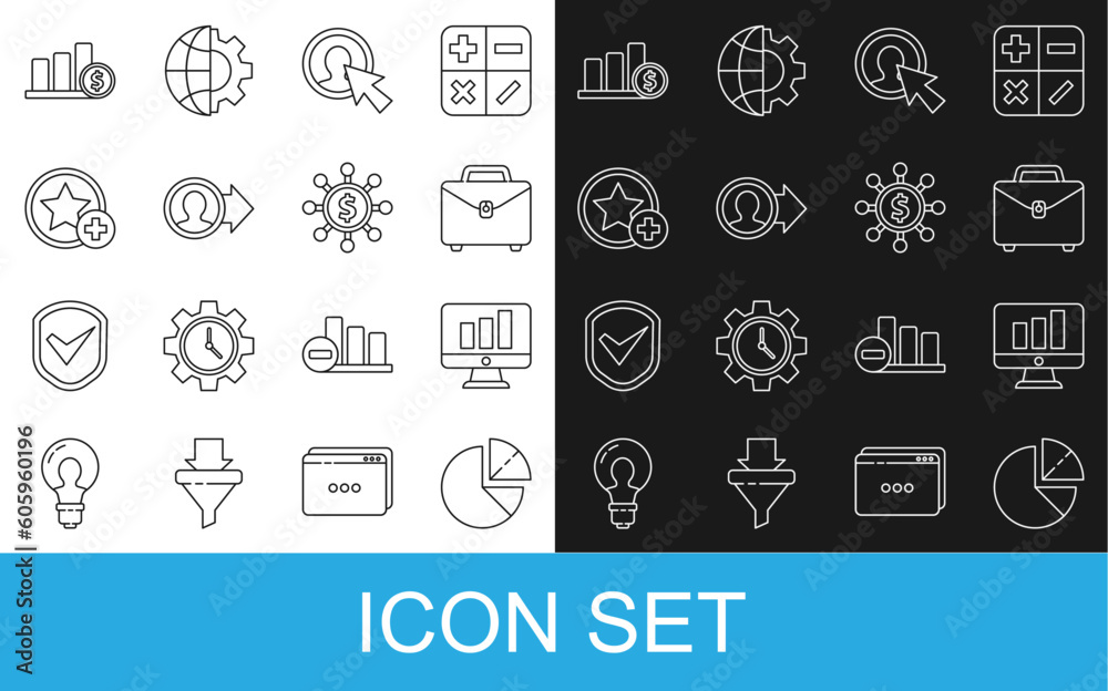 Set line Pie chart infographic, Monitor with, Briefcase, User of man business suit, Job promotion, Star, and dollar and Dollar, share, network icon. Vector Set line Pie chart infographic, Monitor with, Briefcase, User of man business suit, Job promotion, Star, and dollar and Dollar, share, network icon. Vector