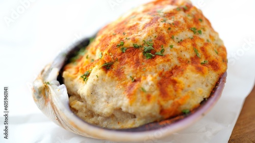 Gourmet Delight: Top Closeup View of Baked Stuffed Clam, A Delectable C Sensation