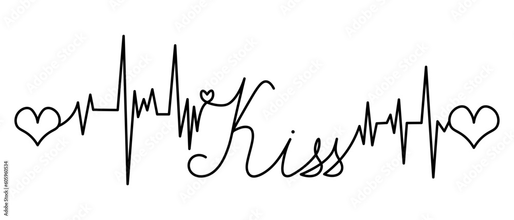 Kiss. The text is embellished with pulses and hearts. Sketch. Vector illustration. Broken zigzag line and romantic lettering in italics. Outline on isolated background. Idea for web design, invitation