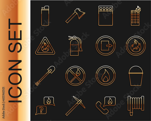 Set line Fire hose reel, bucket, flame, Open matchbox and matches, extinguisher, triangle, Lighter and exit icon. Vector