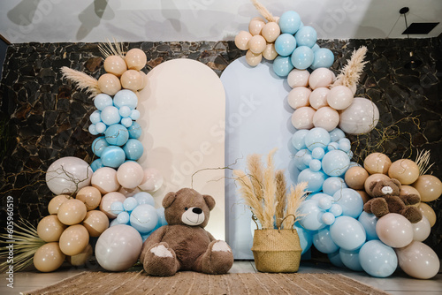 Fényképezés Photo-wall decoration space or place with beige, brown, blue balloons