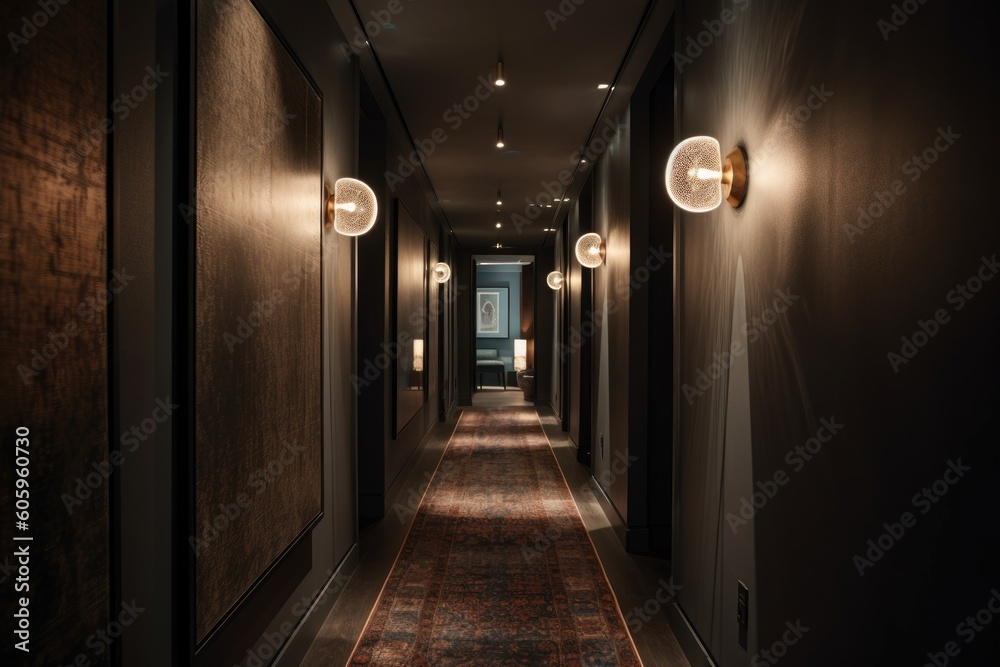 a dimly lit hallway with creative lighting, featuring a mix of warm and cool tones, created with generative ai