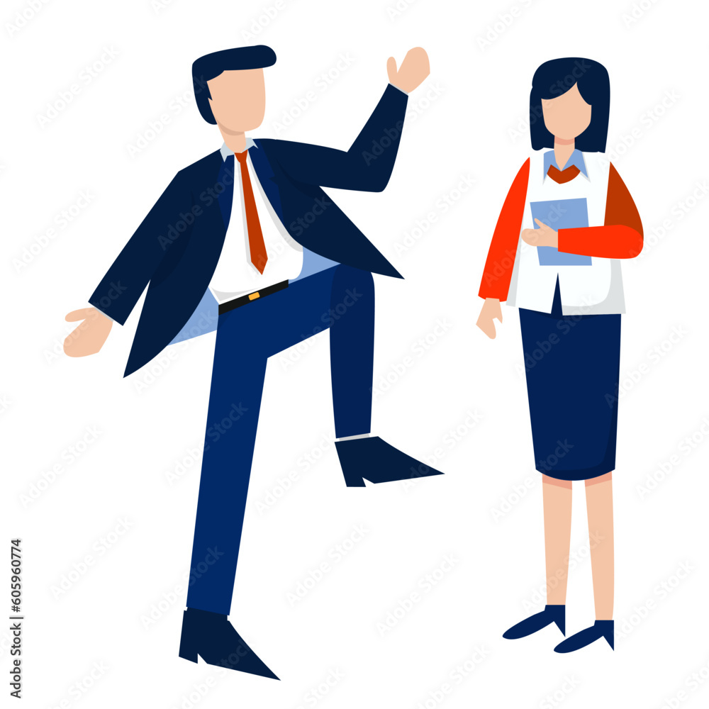 Playful Businessman boss and businesswoman characters. Vector illustration in flat style for business concept design Playful Businessman boss and businesswoman characters. Vector illustration in flat style for business concept design