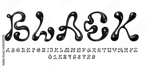 Y2K style liquid font, 3D volumetric English alphabet letters and numbers made of wavy molten plastic or black metal, vector illustration for 2000s or futuristic design