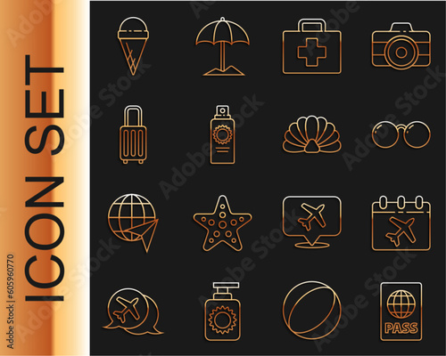 Set line Passport, Calendar and airplane, Glasses, First aid kit, Sunscreen spray bottle, Suitcase, Ice cream in waffle cone and Scallop sea shell icon. Vector