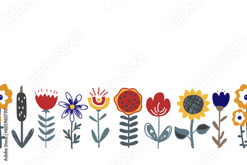 Cute hand drawn flowers seamless pattern. Beautiful flowerbed border in Scandinavian or Ukrainian style. Design for textile, greetings, wallpapers tiles, cards. Vector illustration