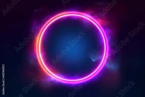 Step into the Future: A Neon Circle Frame with Smoke Cloud and Glowing Gradient Ring Illuminates a Realistic Night Scene in this Futuristic Portal Concept - Vector Illustration, Generative AI.