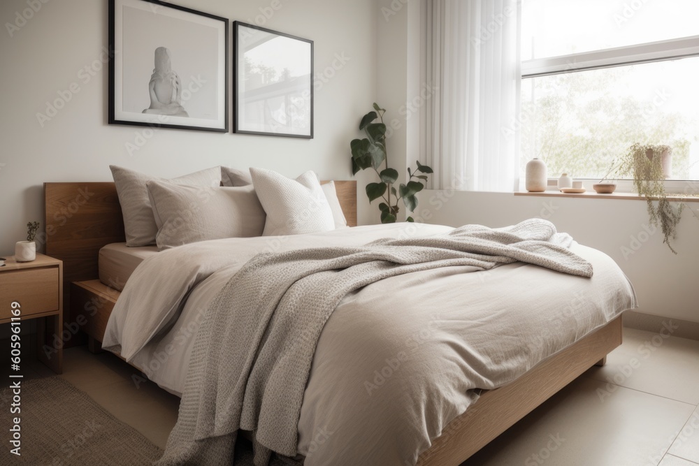 serene bedroom, with minimalist decor and tidy bedding, created with generative ai