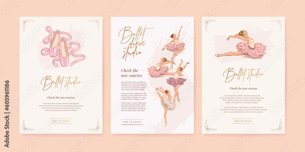 Set of ballet school poster template with hand drawn ballerina, pointe shoes and golden elements. Ballet studio banner of flyer. Vector illustration