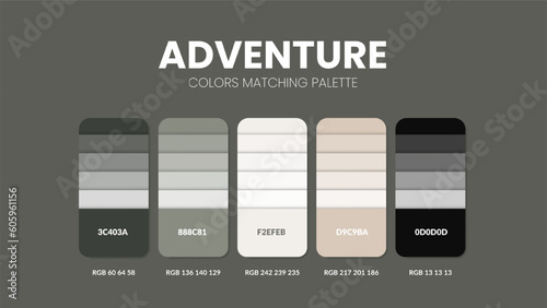 Color palette in Adventure colour theme collections. Color inspiration or color chart with codes template. Color combination set of RGB. Colors swatch for graphic design, art, fashion and web design.
