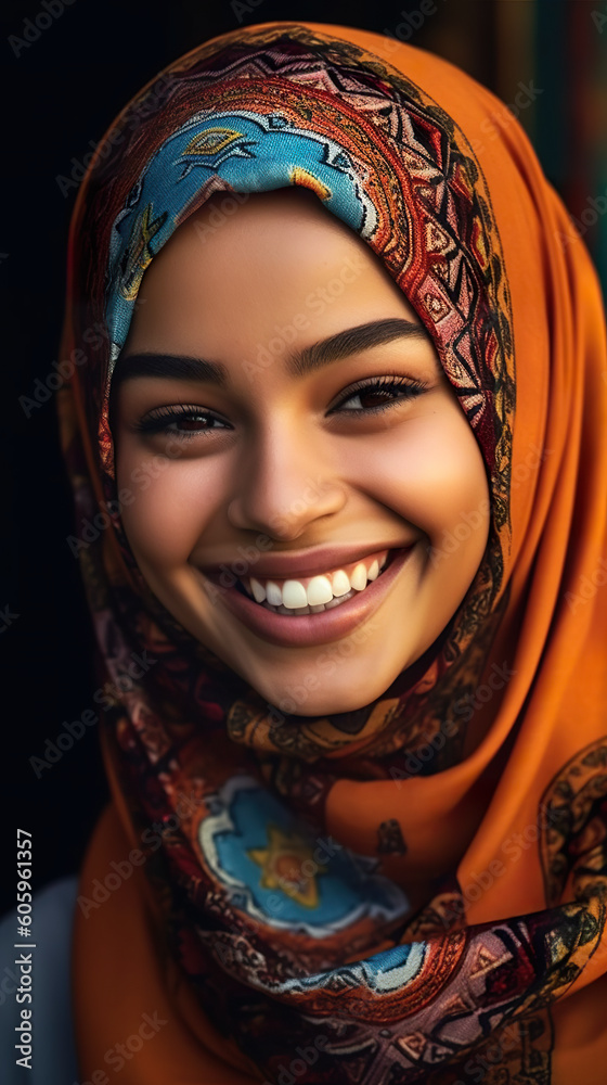 A smiling woman wearing a headscarf and a scarf. Generative AI.