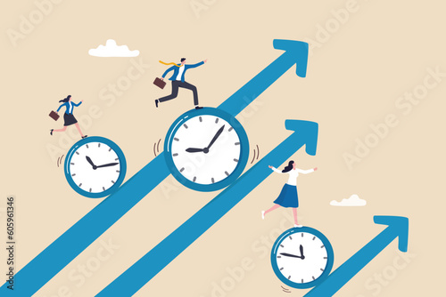 Time management, effort or efficiency boost, productivity to finish project, teamwork or planning, multitasking or finish work within deadline concept, business people riding clock up rising arrow.