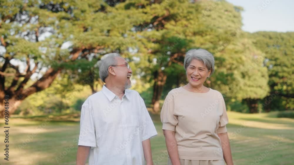 Asian senior couple walking laugh and talking together in nature park on weekend Asian senior couple walking laugh and talking together in nature park on weekend