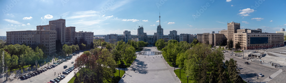 Aerial panorama view on Derzhprom, Karazin university buildings and Freedom Square with blue sky in spring Kharkiv city center, Ukraine