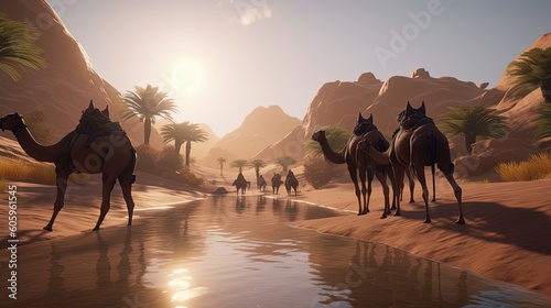 Experience the allure of an exotic camel ride through a breathtaking desert oasis. Generated by AI.