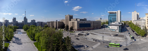 Aerial view on Derzhprom and Karazin University buildings on Freedom square with fountain in spring Kharkiv city, Ukraine