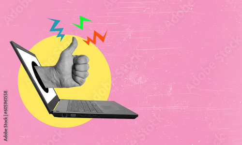 Art collage, finger-up image from a laptop on pink background.