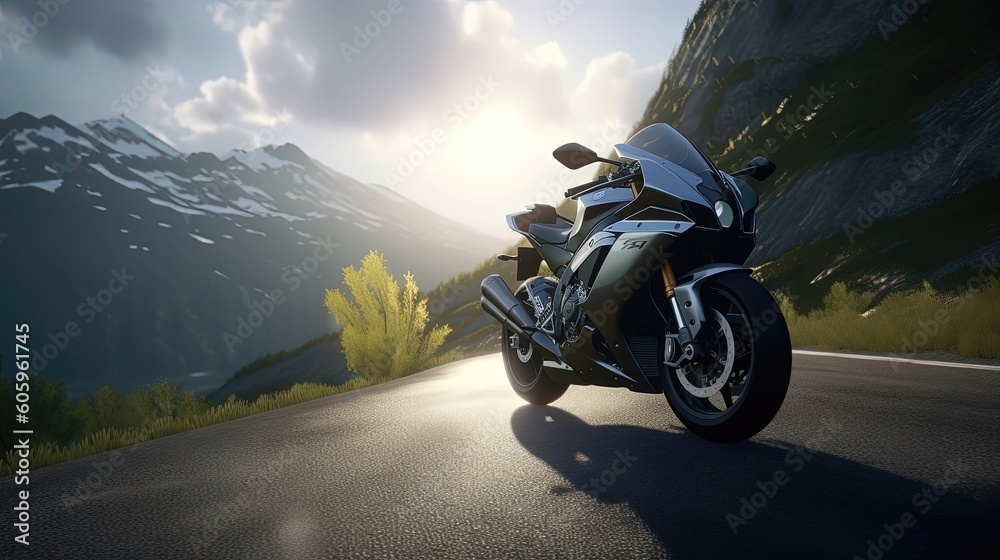 Naklejka premium Get ready for an adrenaline-fueled experience as you dive into the world of high-speed motorbike racing. Feel the thrill as you speed through twisting tracks. Generated by AI.