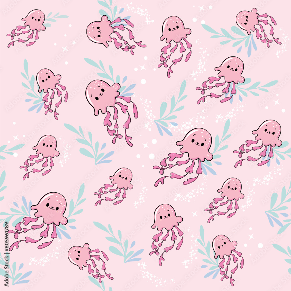 Pink jellyfish seamless pattern on a pink background. Vector illustration isolated on white background. Print for children's T-shirt, pajamas